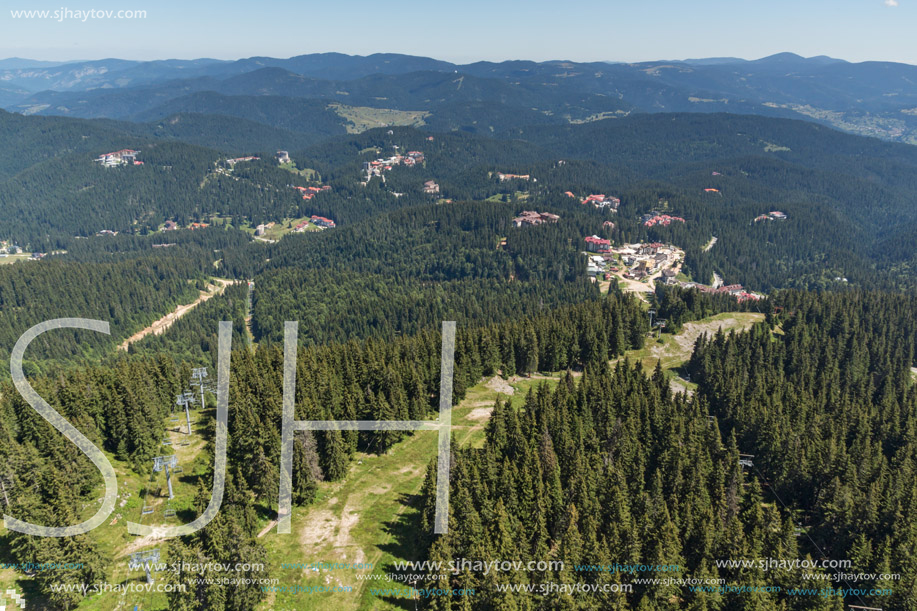 Summer landscape of Rhodope Mountains from Snezhanka tower near ski resort Pamporovo, Smolyan Region, Bulgaria