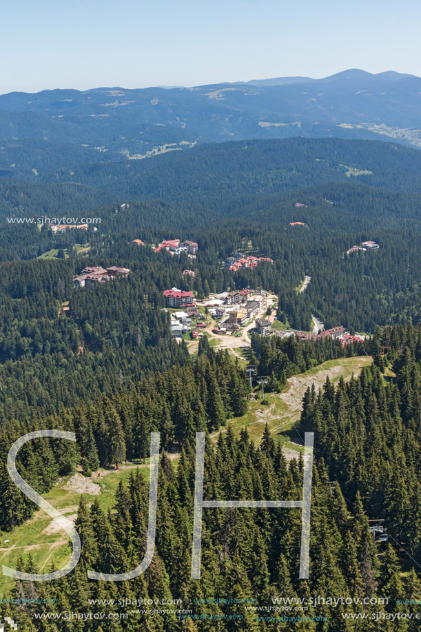 Summer landscape of Rhodope Mountains from Snezhanka tower near ski resort Pamporovo, Smolyan Region, Bulgaria