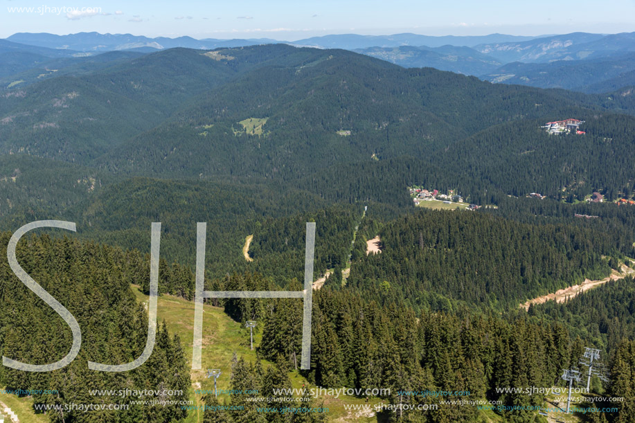 Summer landscape of Rhodope Mountains from Snezhanka tower near ski resort Pamporovo, Smolyan Region, Bulgaria