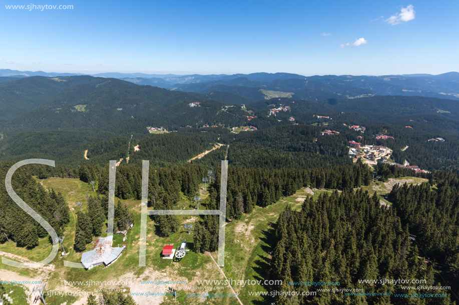 Summer landscape of Rhodope Mountains from Snezhanka tower near ski resort Pamporovo, Smolyan Region, Bulgaria