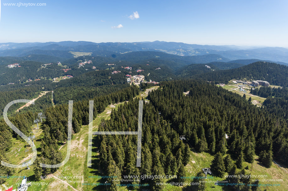 Summer landscape of Rhodope Mountains from Snezhanka tower near ski resort Pamporovo, Smolyan Region, Bulgaria