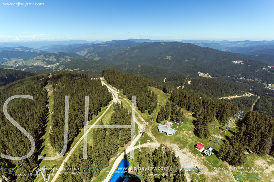 Summer landscape of Rhodope Mountains from Snezhanka tower near ski resort Pamporovo, Smolyan Region, Bulgaria