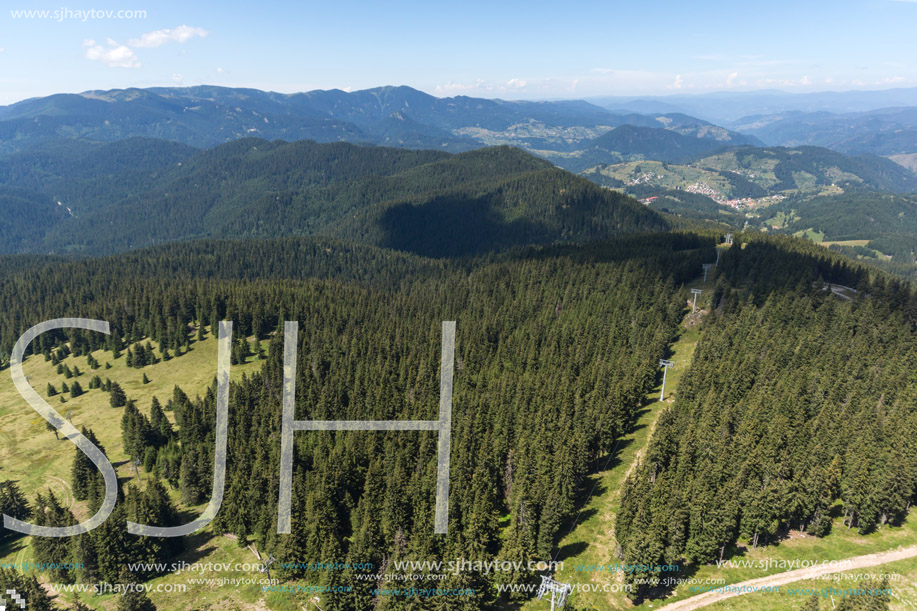 Summer landscape of Rhodope Mountains from Snezhanka tower near ski resort Pamporovo, Smolyan Region, Bulgaria