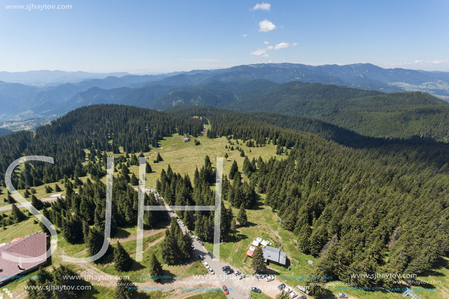 Summer landscape of Rhodope Mountains from Snezhanka tower near ski resort Pamporovo, Smolyan Region, Bulgaria