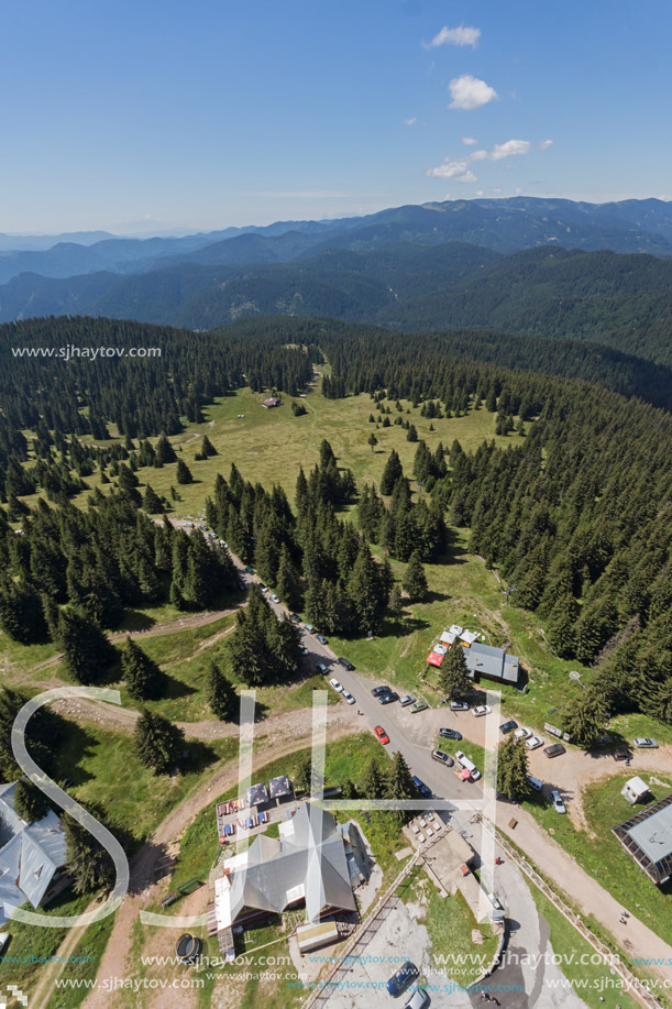 Summer landscape of Rhodope Mountains from Snezhanka tower near ski resort Pamporovo, Smolyan Region, Bulgaria