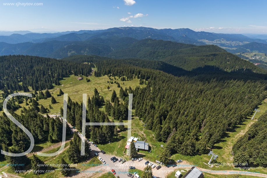 Summer landscape of Rhodope Mountains from Snezhanka tower near ski resort Pamporovo, Smolyan Region, Bulgaria