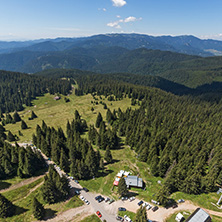 Summer landscape of Rhodope Mountains from Snezhanka tower near ski resort Pamporovo, Smolyan Region, Bulgaria