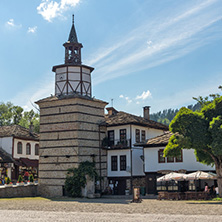 TRYAVNA, BULGARIA - JULY 6, 2018: Medieval clock Tower at the Center of historical town of Tryavna, Gabrovo region, Bulgaria