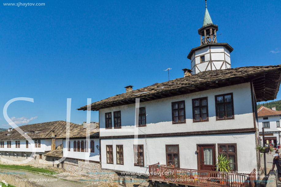 TRYAVNA, BULGARIA - JULY 6, 2018: Medieval clock Tower at the Center of historical town of Tryavna, Gabrovo region, Bulgaria