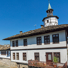 TRYAVNA, BULGARIA - JULY 6, 2018: Medieval clock Tower at the Center of historical town of Tryavna, Gabrovo region, Bulgaria