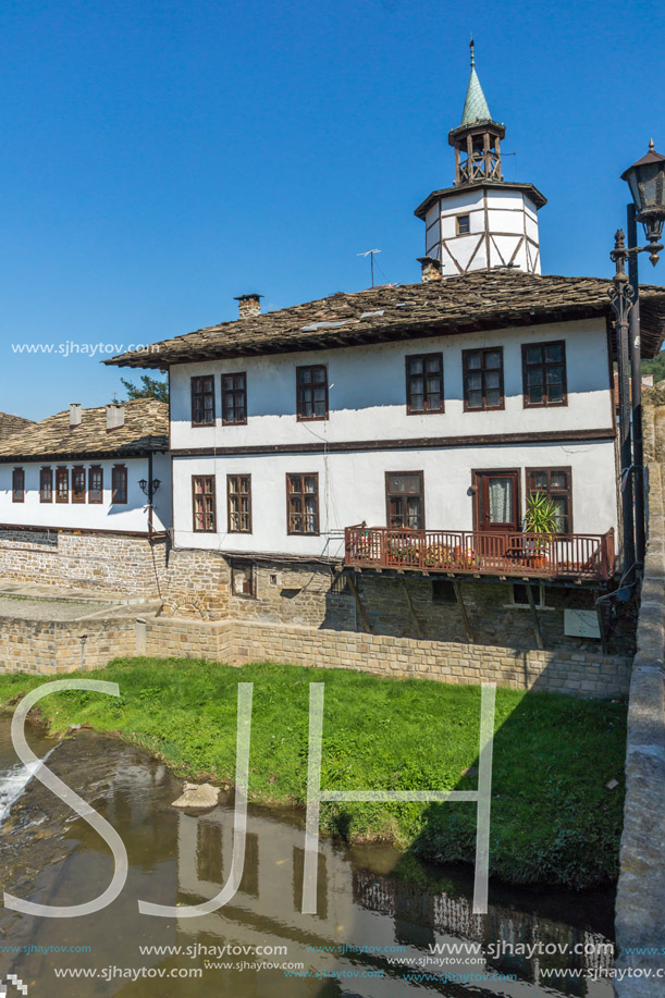 TRYAVNA, BULGARIA - JULY 6, 2018: Medieval clock Tower at the Center of historical town of Tryavna, Gabrovo region, Bulgaria