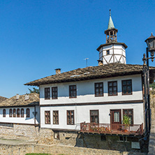 TRYAVNA, BULGARIA - JULY 6, 2018: Medieval clock Tower at the Center of historical town of Tryavna, Gabrovo region, Bulgaria