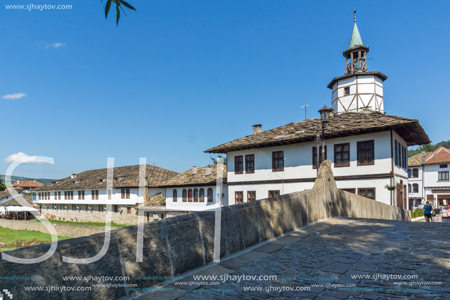 TRYAVNA, BULGARIA - JULY 6, 2018: Medieval clock Tower at the Center of historical town of Tryavna, Gabrovo region, Bulgaria