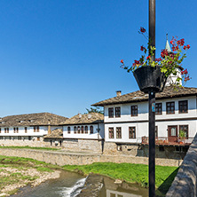 TRYAVNA, BULGARIA - JULY 6, 2018: Garbaviat (Humpback) Bridge and Medieval clock Tower at the Center of historical town of Tryavna, Gabrovo region, Bulgaria