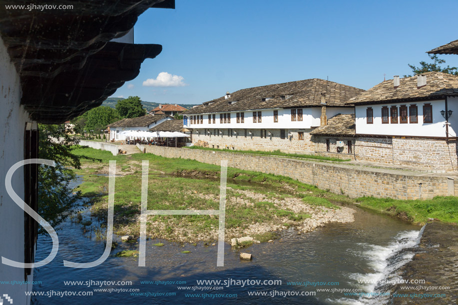 TRYAVNA, BULGARIA - JULY 6, 2018: Medieval houses at the Center of historical town of Tryavna, Gabrovo region, Bulgaria