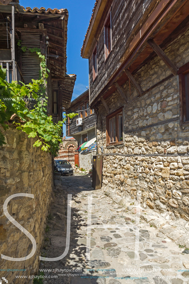 NESSEBAR, BULGARIA - AUGUST 12, 2018: Typical Street in old town of Nessebar, Burgas Region, Bulgaria