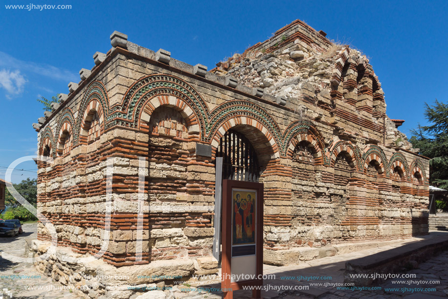 NESSEBAR, BULGARIA - AUGUST 12, 2018: Ruins of Ancient Church of the Holy Archangels Michael and Gabriel in the town of Nessebar, Burgas Region, Bulgaria