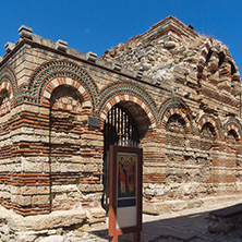 NESSEBAR, BULGARIA - AUGUST 12, 2018: Ruins of Ancient Church of the Holy Archangels Michael and Gabriel in the town of Nessebar, Burgas Region, Bulgaria