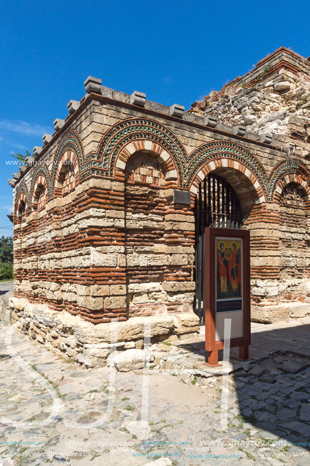 NESSEBAR, BULGARIA - AUGUST 12, 2018: Ruins of Ancient Church of the Holy Archangels Michael and Gabriel in the town of Nessebar, Burgas Region, Bulgaria