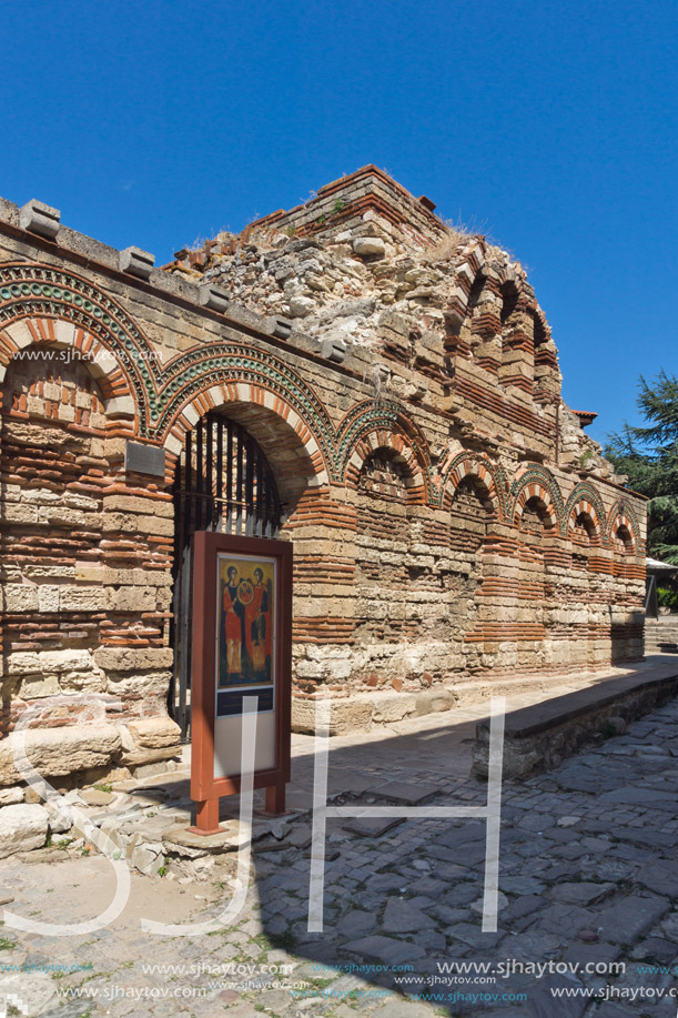 NESSEBAR, BULGARIA - AUGUST 12, 2018: Ruins of Ancient Church of the Holy Archangels Michael and Gabriel in the town of Nessebar, Burgas Region, Bulgaria