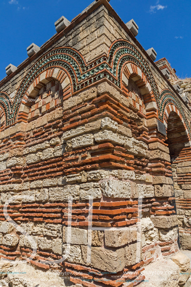 NESSEBAR, BULGARIA - AUGUST 12, 2018: Ruins of Ancient Church of the Holy Archangels Michael and Gabriel in the town of Nessebar, Burgas Region, Bulgaria