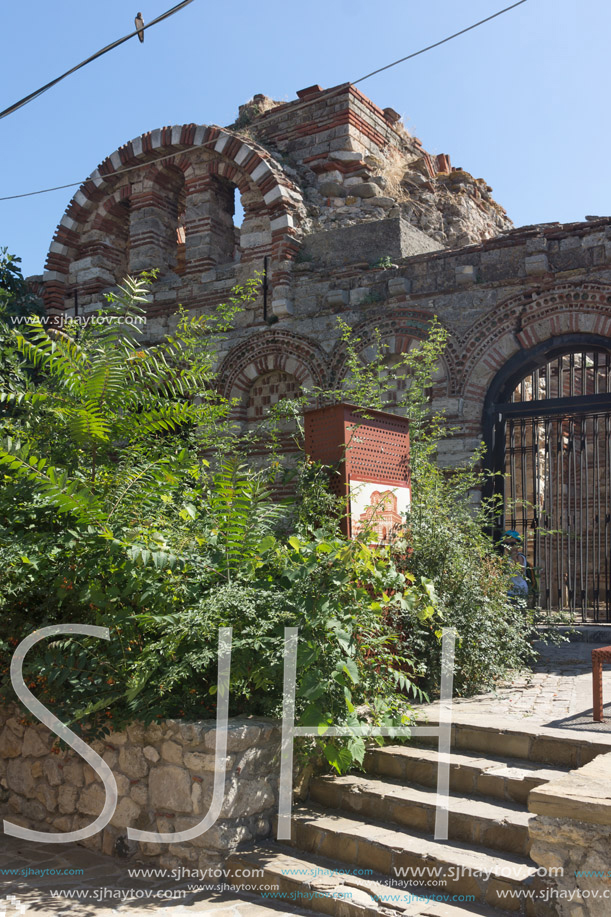 NESSEBAR, BULGARIA - AUGUST 12, 2018: Ruins of Ancient Church of the Holy Archangels Michael and Gabriel in the town of Nessebar, Burgas Region, Bulgaria