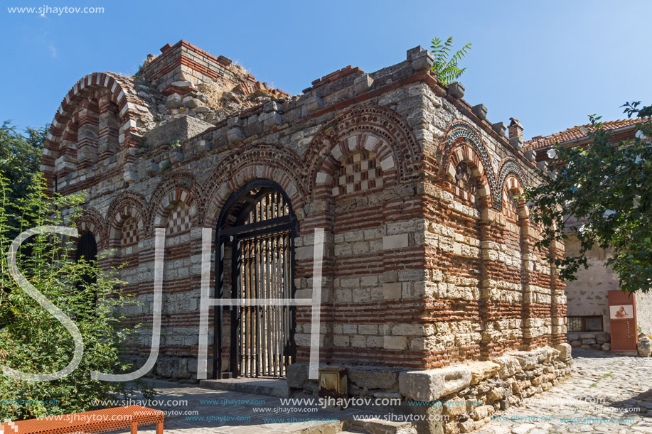 NESSEBAR, BULGARIA - AUGUST 12, 2018: Ruins of Ancient Church of the Holy Archangels Michael and Gabriel in the town of Nessebar, Burgas Region, Bulgaria