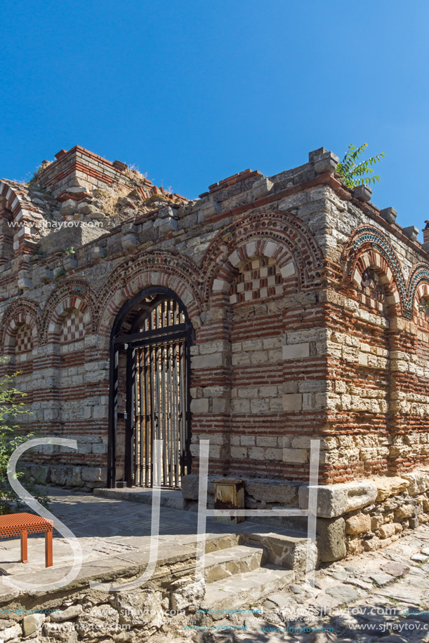 NESSEBAR, BULGARIA - AUGUST 12, 2018: Ruins of Ancient Church of the Holy Archangels Michael and Gabriel in the town of Nessebar, Burgas Region, Bulgaria