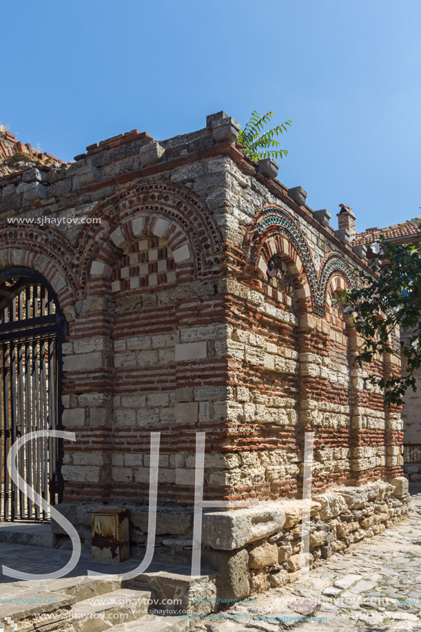 NESSEBAR, BULGARIA - AUGUST 12, 2018: Ruins of Ancient Church of the Holy Archangels Michael and Gabriel in the town of Nessebar, Burgas Region, Bulgaria