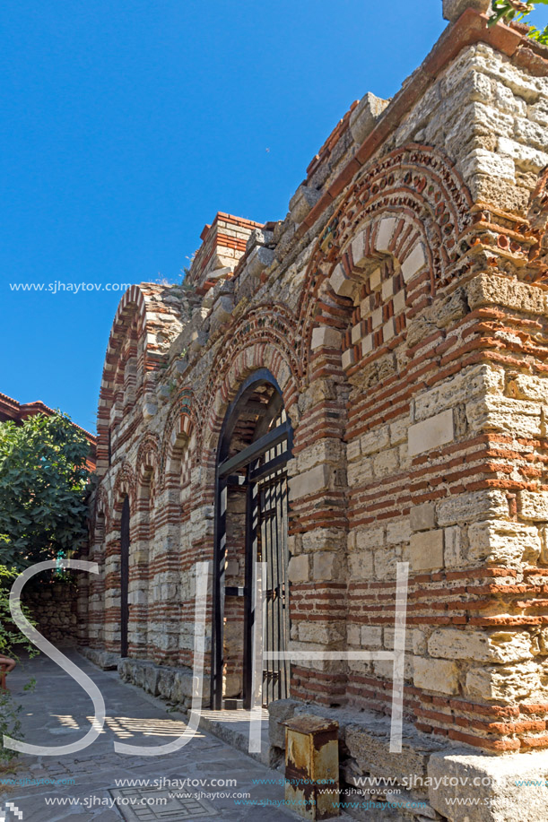 NESSEBAR, BULGARIA - AUGUST 12, 2018: Ruins of Ancient Church of the Holy Archangels Michael and Gabriel in the town of Nessebar, Burgas Region, Bulgaria