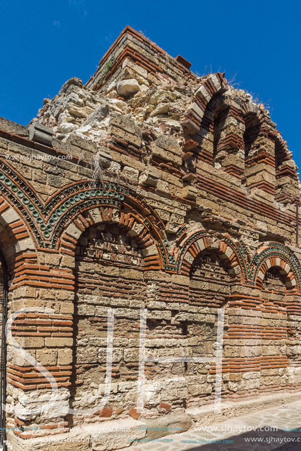 NESSEBAR, BULGARIA - AUGUST 12, 2018: Ruins of Ancient Church of the Holy Archangels Michael and Gabriel in the town of Nessebar, Burgas Region, Bulgaria