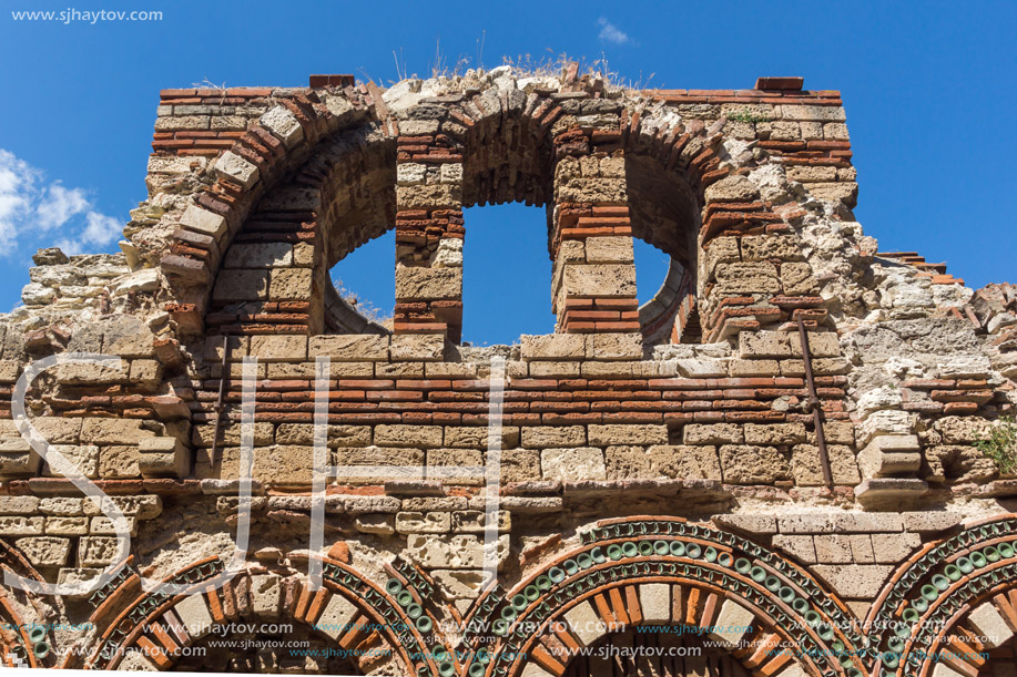 NESSEBAR, BULGARIA - AUGUST 12, 2018: Ruins of Ancient Church of the Holy Archangels Michael and Gabriel in the town of Nessebar, Burgas Region, Bulgaria