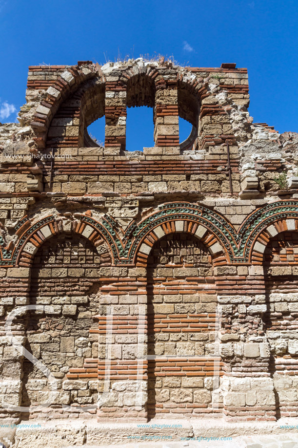 NESSEBAR, BULGARIA - AUGUST 12, 2018: Ruins of Ancient Church of the Holy Archangels Michael and Gabriel in the town of Nessebar, Burgas Region, Bulgaria