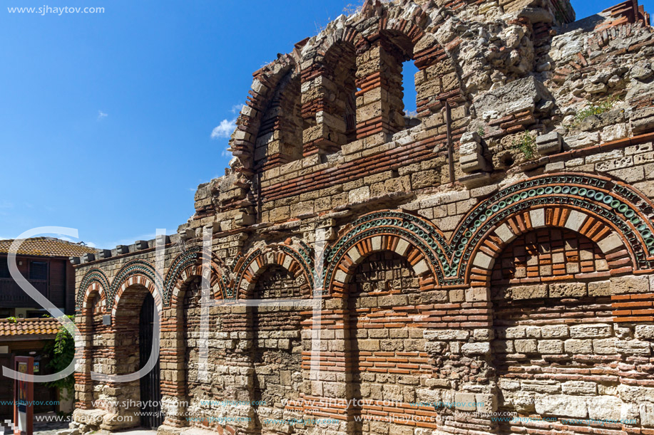 NESSEBAR, BULGARIA - AUGUST 12, 2018: Ruins of Ancient Church of the Holy Archangels Michael and Gabriel in the town of Nessebar, Burgas Region, Bulgaria