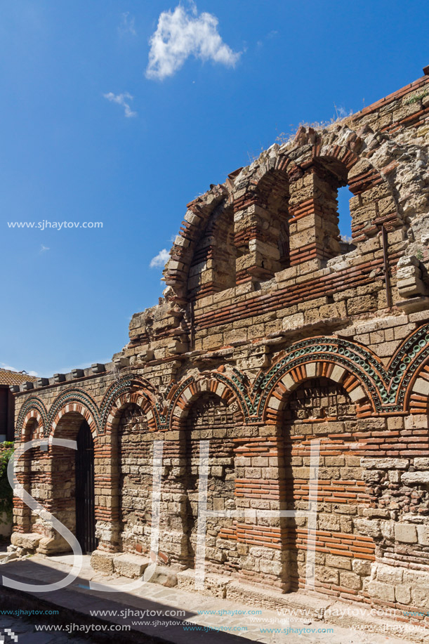 NESSEBAR, BULGARIA - AUGUST 12, 2018: Ruins of Ancient Church of the Holy Archangels Michael and Gabriel in the town of Nessebar, Burgas Region, Bulgaria