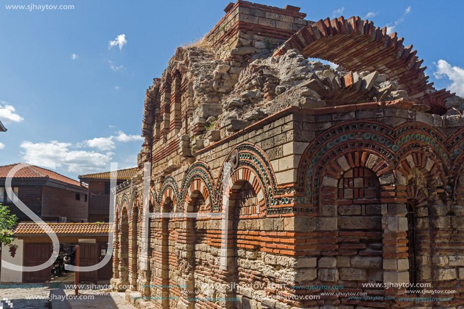 NESSEBAR, BULGARIA - AUGUST 12, 2018: Ruins of Ancient Church of the Holy Archangels Michael and Gabriel in the town of Nessebar, Burgas Region, Bulgaria