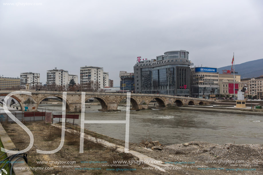 SKOPJE, REPUBLIC OF MACEDONIA - FEBRUARY 24, 2018:  Skopje City Center, Old Stone Bridge and Vardar River, Republic of Macedonia