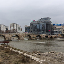 SKOPJE, REPUBLIC OF MACEDONIA - FEBRUARY 24, 2018:  Skopje City Center, Old Stone Bridge and Vardar River, Republic of Macedonia