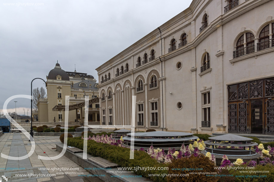 SKOPJE, REPUBLIC OF MACEDONIA - FEBRUARY 24, 2018:  Building of Macedonian National Theater in city of  Skopje, Republic of Macedonia