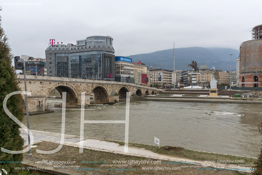 SKOPJE, REPUBLIC OF MACEDONIA - FEBRUARY 24, 2018:  Skopje City Center, Old Stone Bridge and Vardar River, Republic of Macedonia