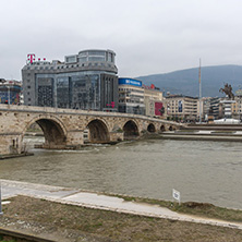 SKOPJE, REPUBLIC OF MACEDONIA - FEBRUARY 24, 2018:  Skopje City Center, Old Stone Bridge and Vardar River, Republic of Macedonia