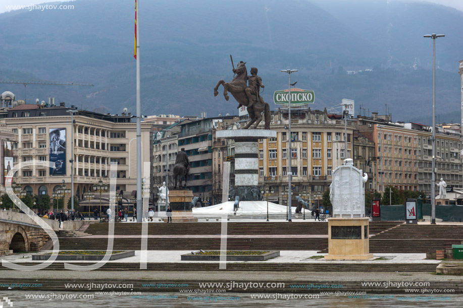 SKOPJE, REPUBLIC OF MACEDONIA - FEBRUARY 24, 2018:  Skopje City Center and Alexander the Great Monument, Macedonia