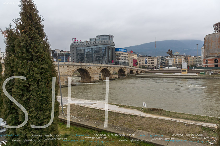 SKOPJE, REPUBLIC OF MACEDONIA - FEBRUARY 24, 2018:  Skopje City Center, Old Stone Bridge and Vardar River, Republic of Macedonia