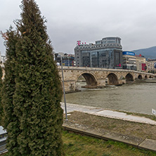 SKOPJE, REPUBLIC OF MACEDONIA - FEBRUARY 24, 2018:  Skopje City Center, Old Stone Bridge and Vardar River, Republic of Macedonia