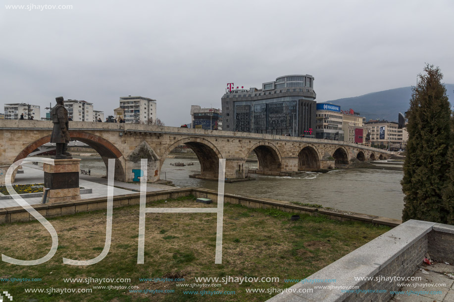 SKOPJE, REPUBLIC OF MACEDONIA - FEBRUARY 24, 2018:  Skopje City Center, Old Stone Bridge and Vardar River, Republic of Macedonia