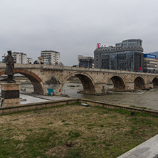 SKOPJE, REPUBLIC OF MACEDONIA - FEBRUARY 24, 2018:  Skopje City Center, Old Stone Bridge and Vardar River, Republic of Macedonia