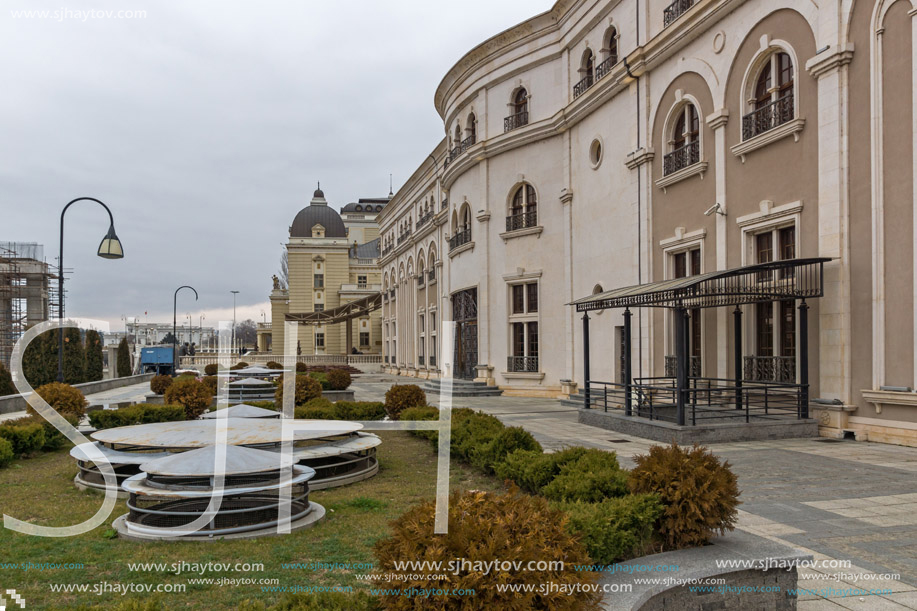 SKOPJE, REPUBLIC OF MACEDONIA - FEBRUARY 24, 2018:  Building of Macedonian National Theater in city of  Skopje, Republic of Macedonia