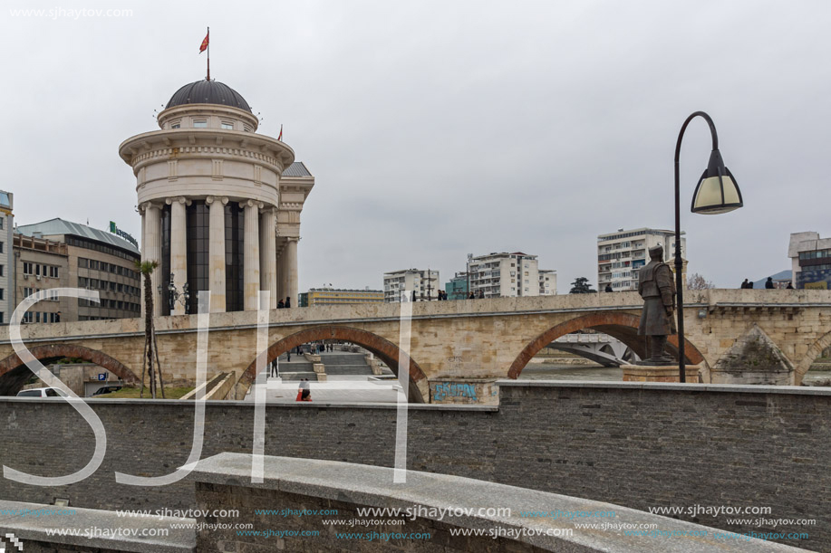 SKOPJE, REPUBLIC OF MACEDONIA - FEBRUARY 24, 2018:  Skopje City Center, Old Stone Bridge and Archaeological Museum, Republic of Macedonia