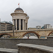 SKOPJE, REPUBLIC OF MACEDONIA - FEBRUARY 24, 2018:  Skopje City Center, Old Stone Bridge and Archaeological Museum, Republic of Macedonia