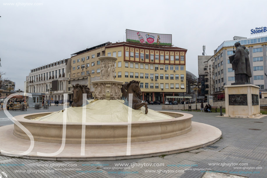 SKOPJE, REPUBLIC OF MACEDONIA - FEBRUARY 24, 2018:  Monument of St. Cyril and Methodius and Fountain in Skopje, Republic of Macedonia